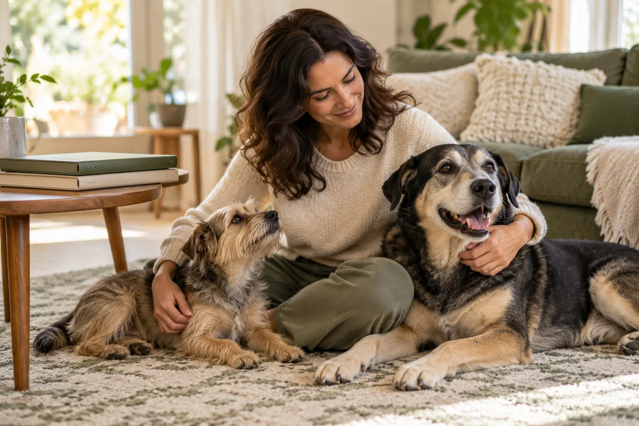 Owner seated with a small terrier and a larger gray-muzzled dog at home